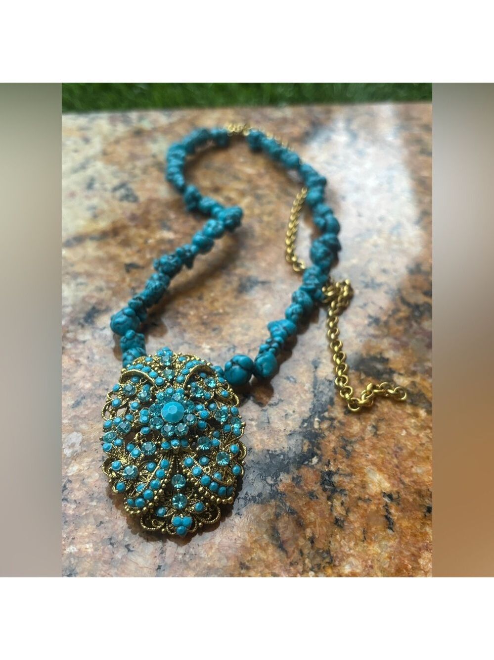 💙 RARE 1928 Designer Turquoise Blue Stone Statement Necklace • Crystal Medallion - Picture 7 of 14